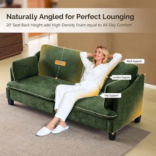 84" Modern Sofa Couch, Linen Velvet 2-Seater Loveseat with Piped Cushions, Removable Cover & 2 Throw Pillows, Upholstered Couche