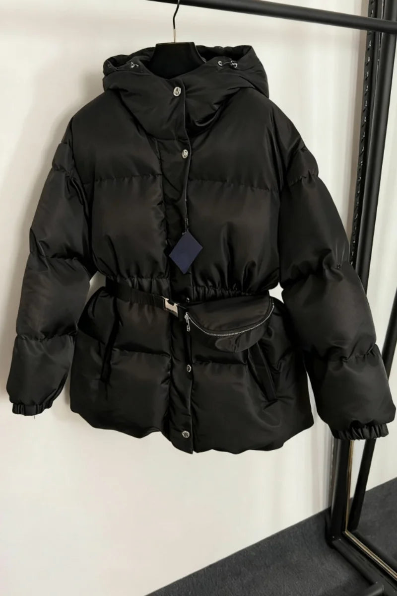 2025 Winter New Style Women's Triangle Letter Warmth-Keeping Tight-Fitting Slimming Coat with Hood and Cotton Jacket with Pouch