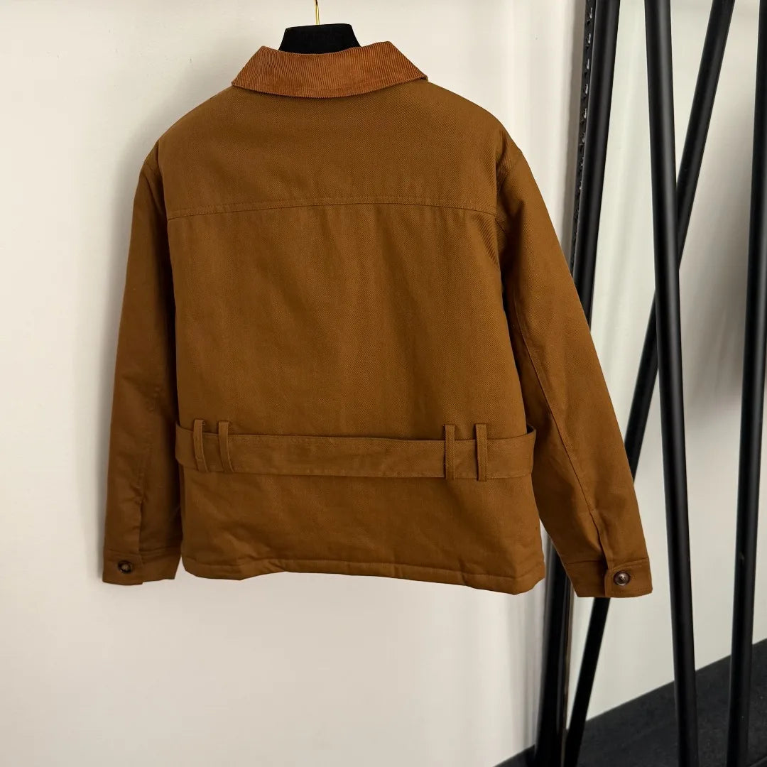 2025 Winter New Fashion Ladies Belt Waist Corduroy Lapel Long Sleeve Clip Cotton Trench Coat Cotton Jacket