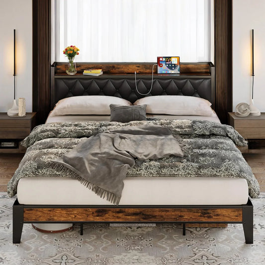 ANCTOR Bed Frames, Twin Queen CaliforniaKing Size Storage Headboard Outlets Easy Install Sturdy Stable, No Noise No Box Springs