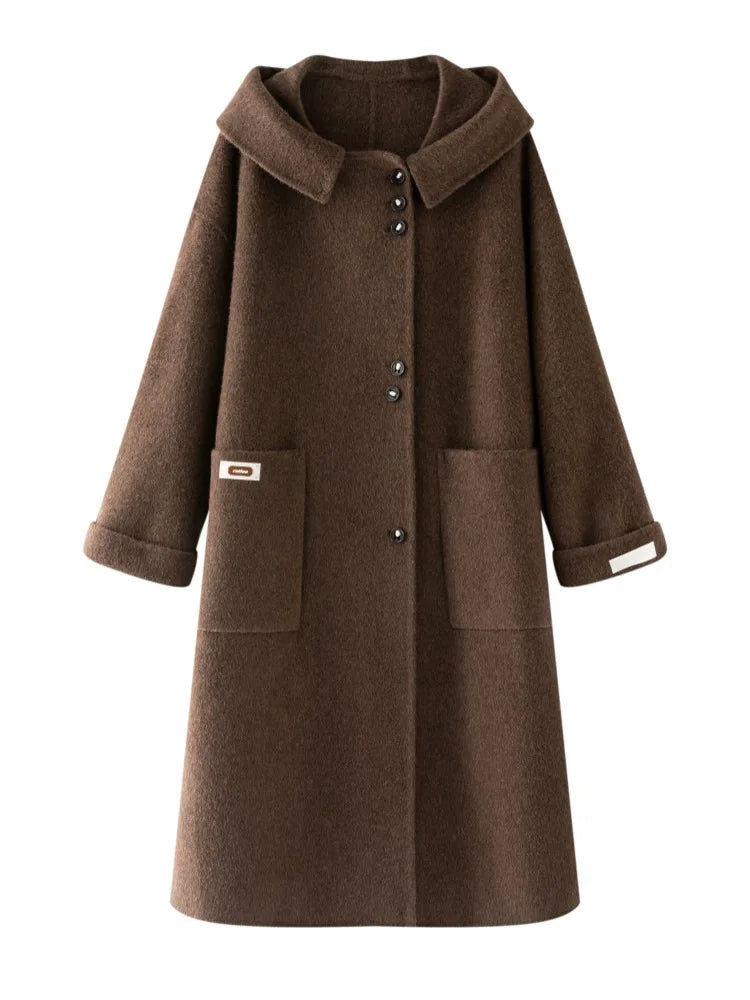 Loose hand-sewn design felted double-sided wool coat with a hood