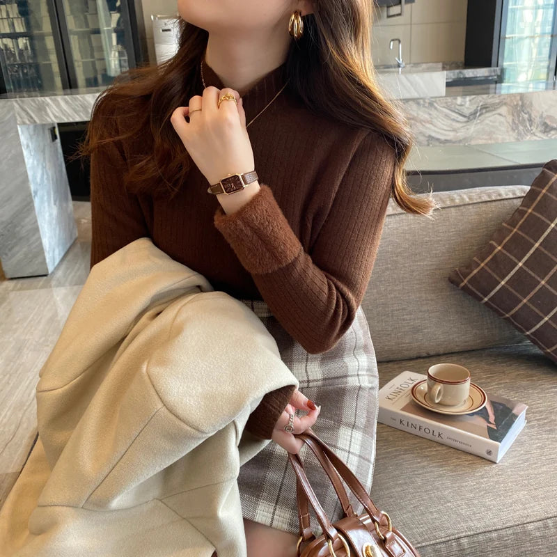 Turtleneck Winter Sweater Women Elegant Thicken Velvet Lined Warm Sueter Fleece Knitted Pullover Slim Top Jersey Jumper Knitwear