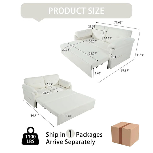 71.65" Convertible Pull-Out Sofa Bed – 3-in-1 Sleeper Couch for Small Apartment, Living Room & Bedroom – Queen-Size, Customized