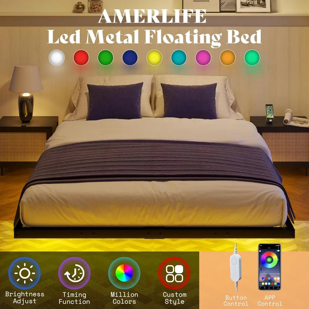Queen Size Floating Bed Frame, Queen Bed Frame with LED Light, Heavy Duty Metal Platform Bed, No Box Spring Needed/Nois