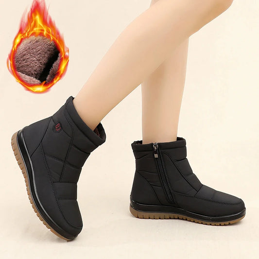 Women's Fleece-Lined Winter Boots with Slip-Resistant PU Sole Chunky Heel & Zipper Closure - Black Round Toe Casual Shoes for Co