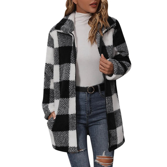 Winter Coats for Women Vintage Plaid Print Warm Fuzzy Fleece Long Jacket Overcoat Cardigan Zipper Jackets Manteau Femme Hiver