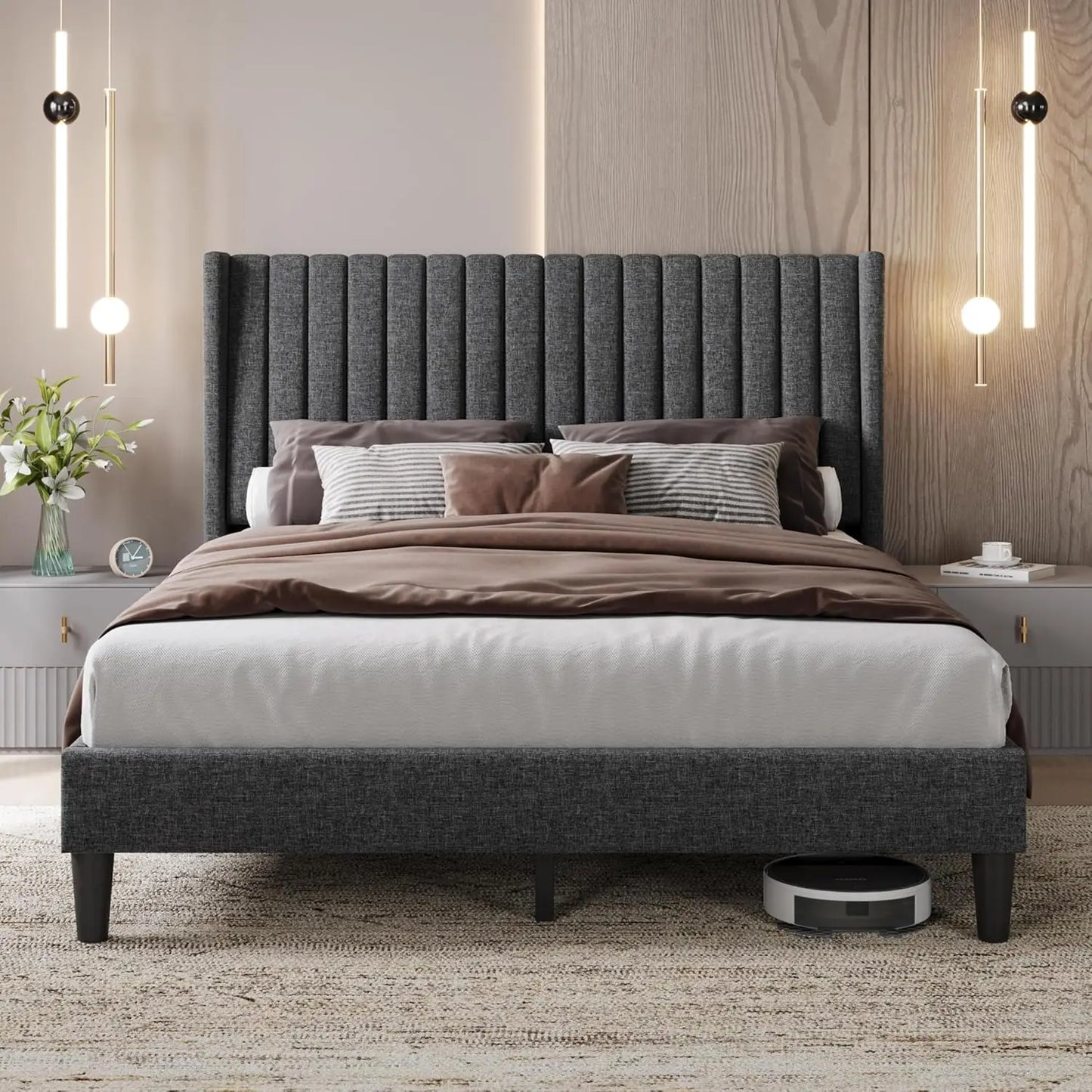 Queen Bed Frame Upholstered Platform Bed with Fabric Headboard, Wing Edge Design/Non-Slip and Noise-Free/Wooden, Customized