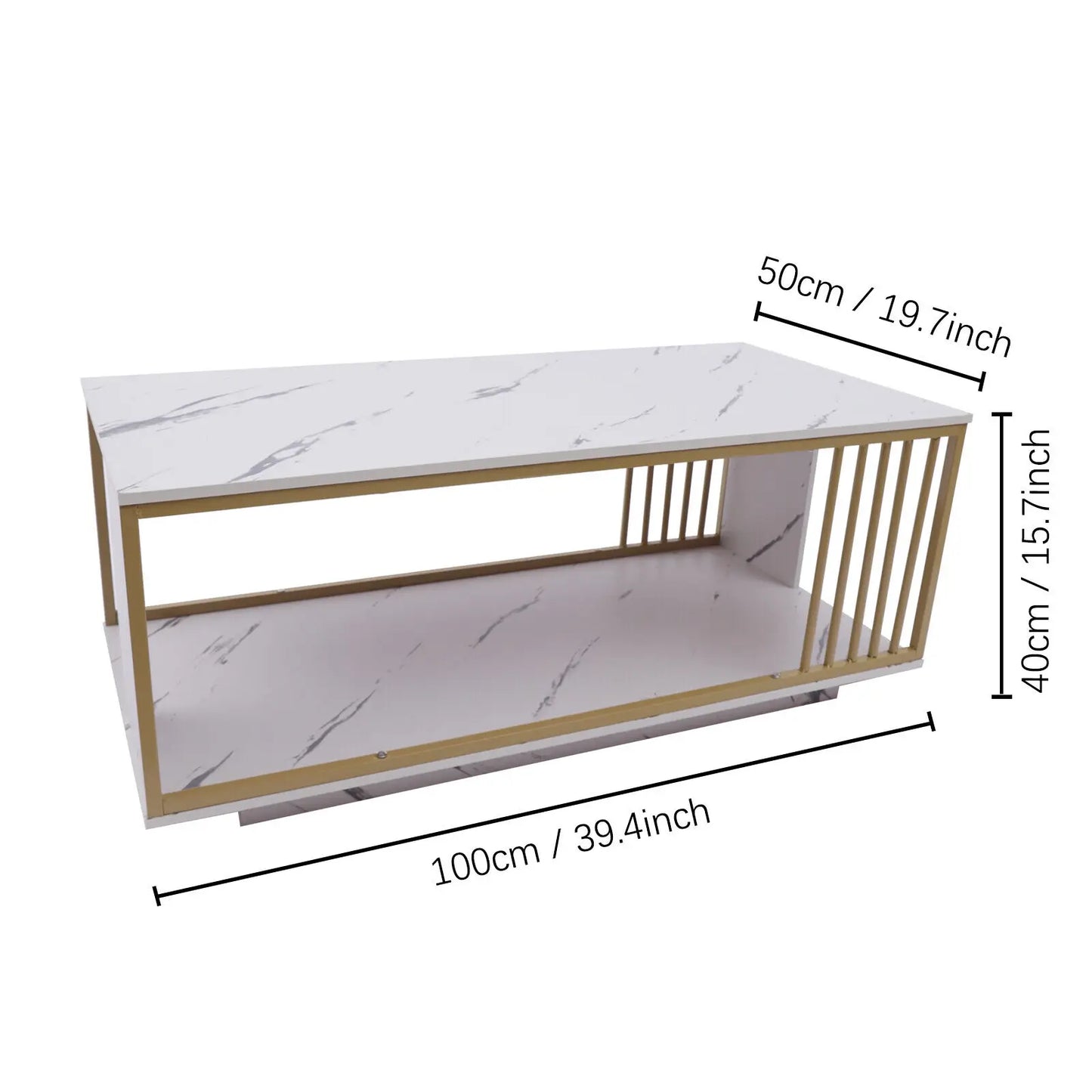 High Gloss Marble Veneer Coffee Table - Modern White & Gold, Rectangle for Living Room