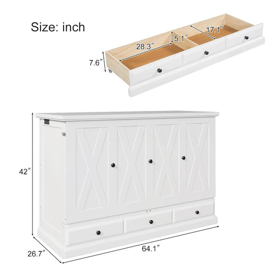 Queen Size Murphy Bed, Solid Pine Queen Murphy Bed Frame Chest Cube Cabinet with Charging Station and Large Storage Drawer for H