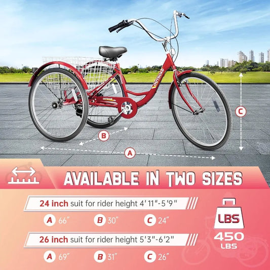 1/7-Speed Adult Tricycle 24/26-Inch 3-Wheel Cruise Bicycle with Basket for Seniors Stable and Reliable 3-Wheel Bike for Shoppin
