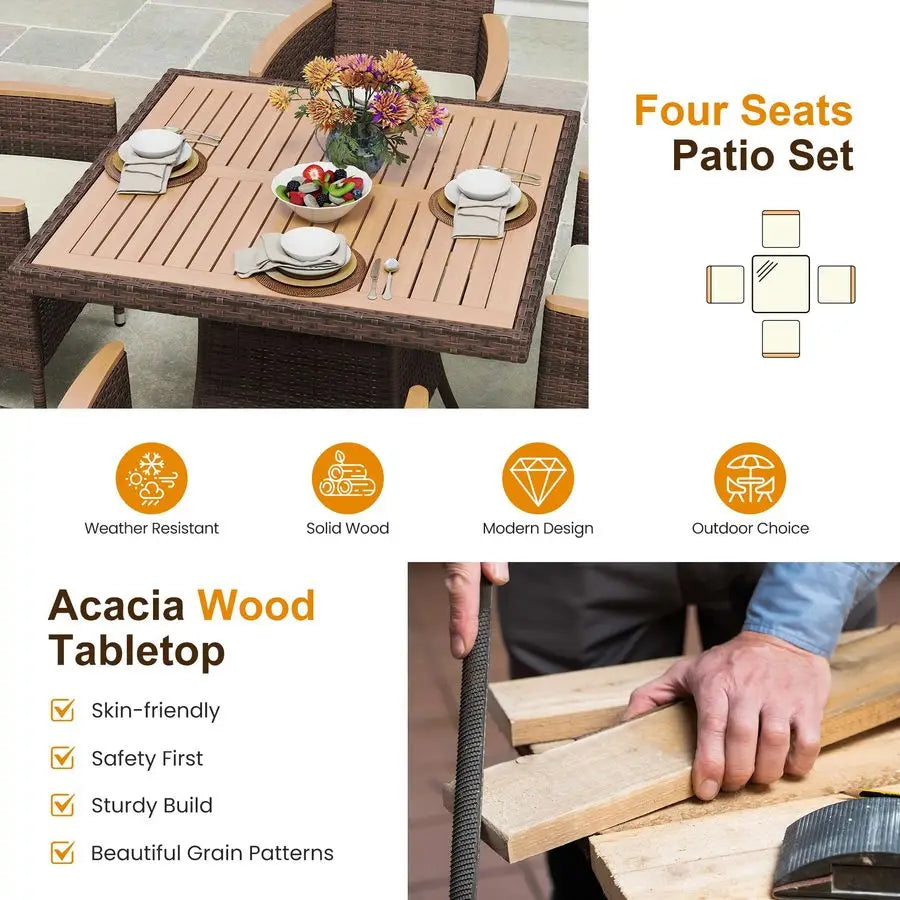 10Pieces Outdoor Patio Table and Chairs, Rattan Patio Table Set with Acacia Wood Tabletop, Patio Dining Furniture Set for 8 wit