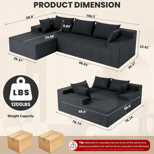 107" Modular L-Shape Sofa with Chaise, Deep Seat Cloud Couch, No Assembly Required for Living Room Bedroom (Dark Grey)