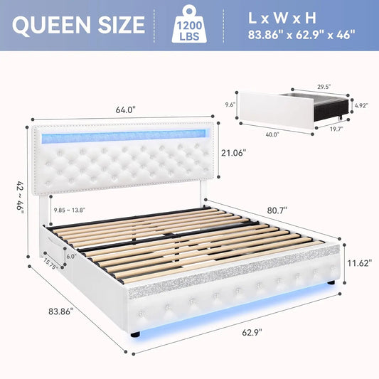 Queen LED Bed Frame With 2 Drawers, PU Upholstered Platform Beds With Adjustable Storage Headboard, Crystal Button