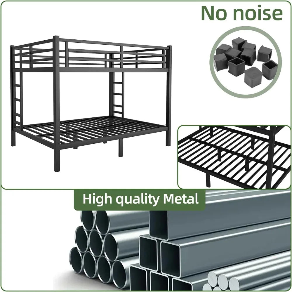 Queen Over Queen Bunk Bed Frame, Heavy Duty Metal Loft Bed for Adults/Teens, 400/600LB Capacity w/Ladder & Guardrail, Noise-Free
