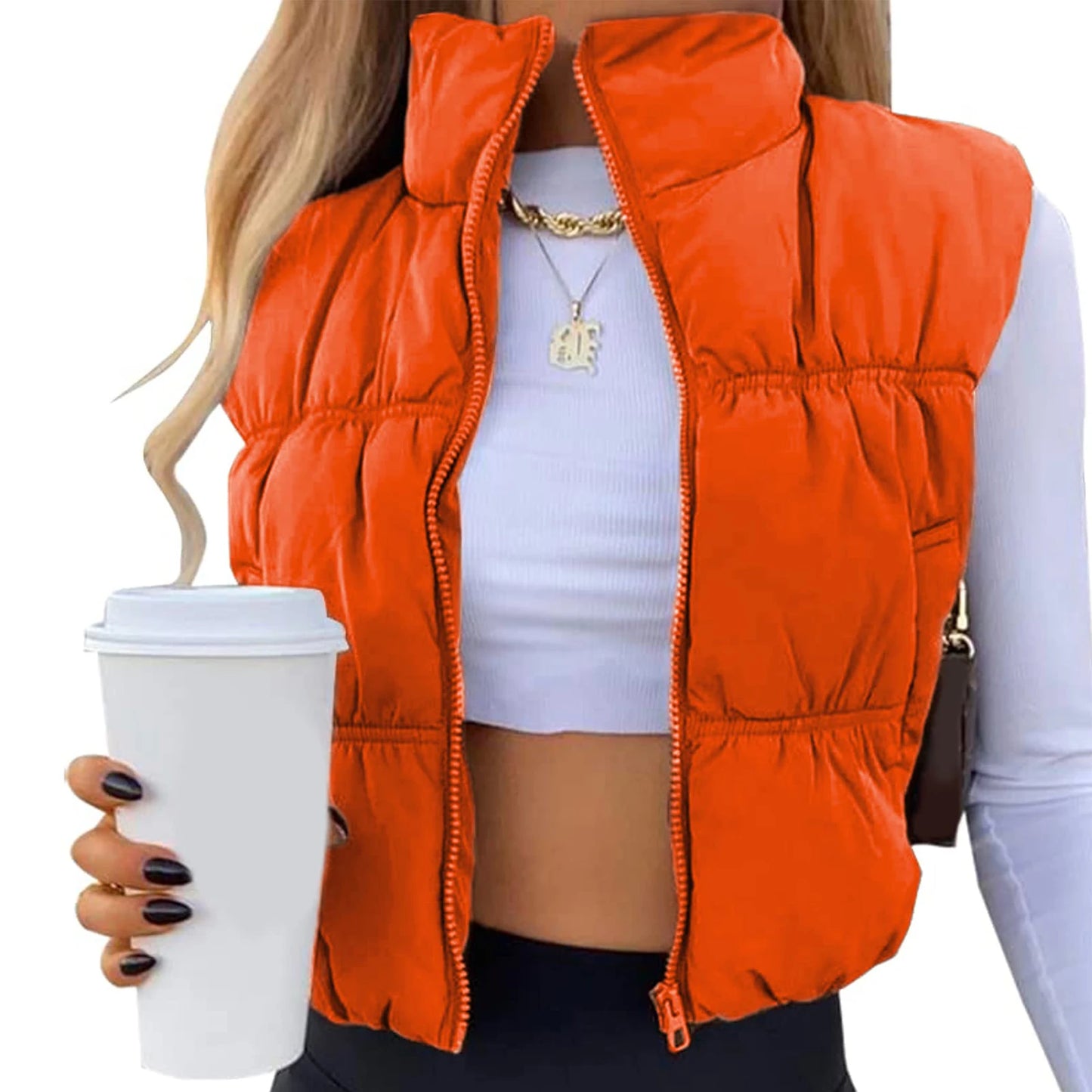 Women s Winter Quilted Waistcoat Solid Color Lightweight Zip Stand Collar Winter Vest Sleeveless Jacket