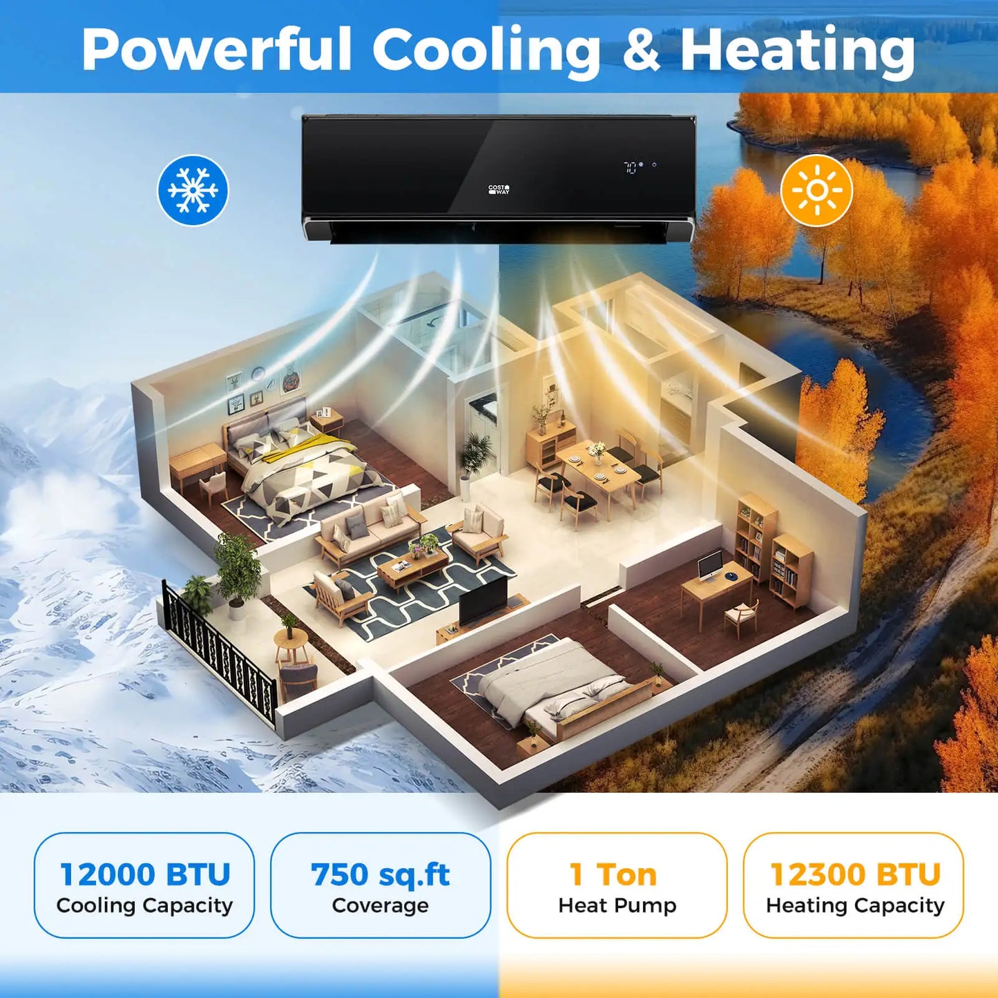 12000 BTU Wifi Enabled Mini Split Air Conditioner & Heater w/ Heat Pump