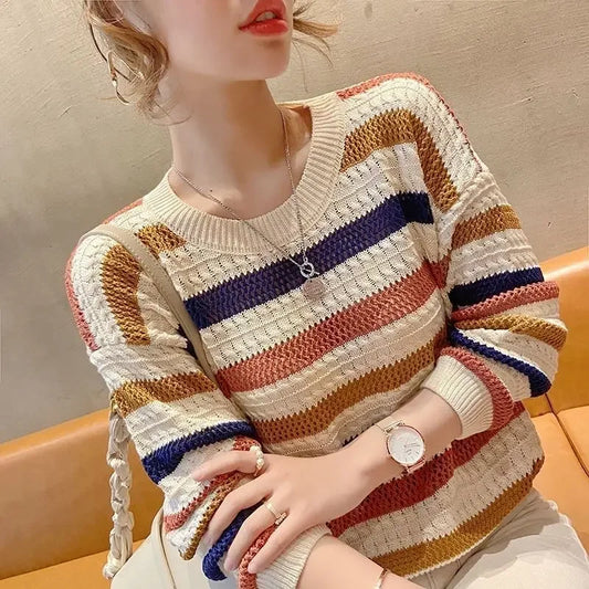 2024 Spring Summer New Hollow Color Striped Knitted Top Women's Loose Fit Cropped Bat Top Thin Cover Ups Crew Neck Pullovers