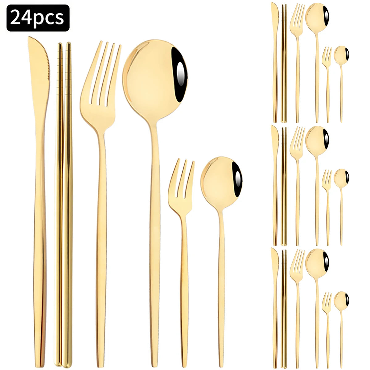 24pcs Silver Stainless Steel Cutlery Set Mirror Dinnerware Set Fork Knife Spoon Chopsticks Tableware Teaspoon Cake Fork Flatware
