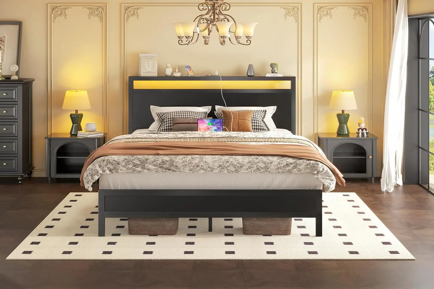 Queen Bed Frame with LED Lights, Charging Station, Storage Shelf, Noise-Free Design, Easy Assembly in Classic Black