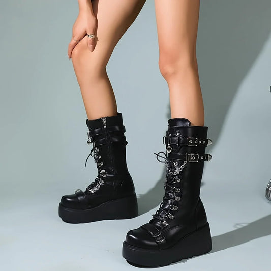 Women's Gothic Punk Combat Boots Wedge Heel Round Toe Mid-Calf Booties with Side Zipper Y2K Gothic Fashion LadiesDress Footwear,