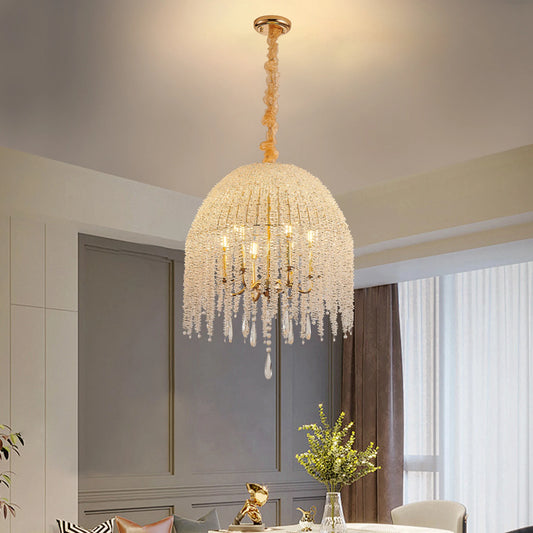 20 Inch 6-Light Crystal Pendant Light Chandelier Elegant Waterfall Design with Crystal Bead Strings and Gold Finish (No Bulb)