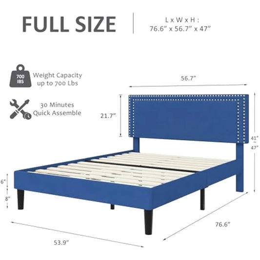 Full Size Platform Bed Frame with Height Adjustable Upholstered Headboard, Modern Mattress Foundation,Strong Wood Slat Support