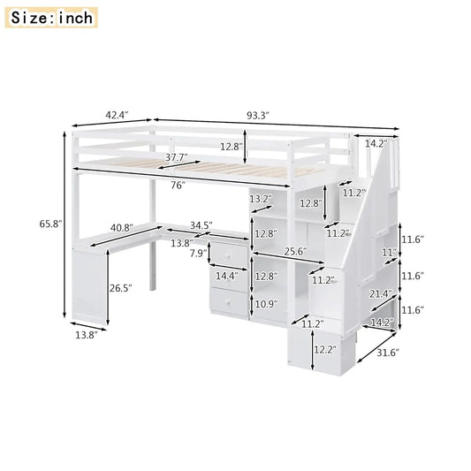 Solid Wood Loft Bed with L-Shaped Desk, Twin Loft Bed with Storage Drawers and Cabinets, White, Customized