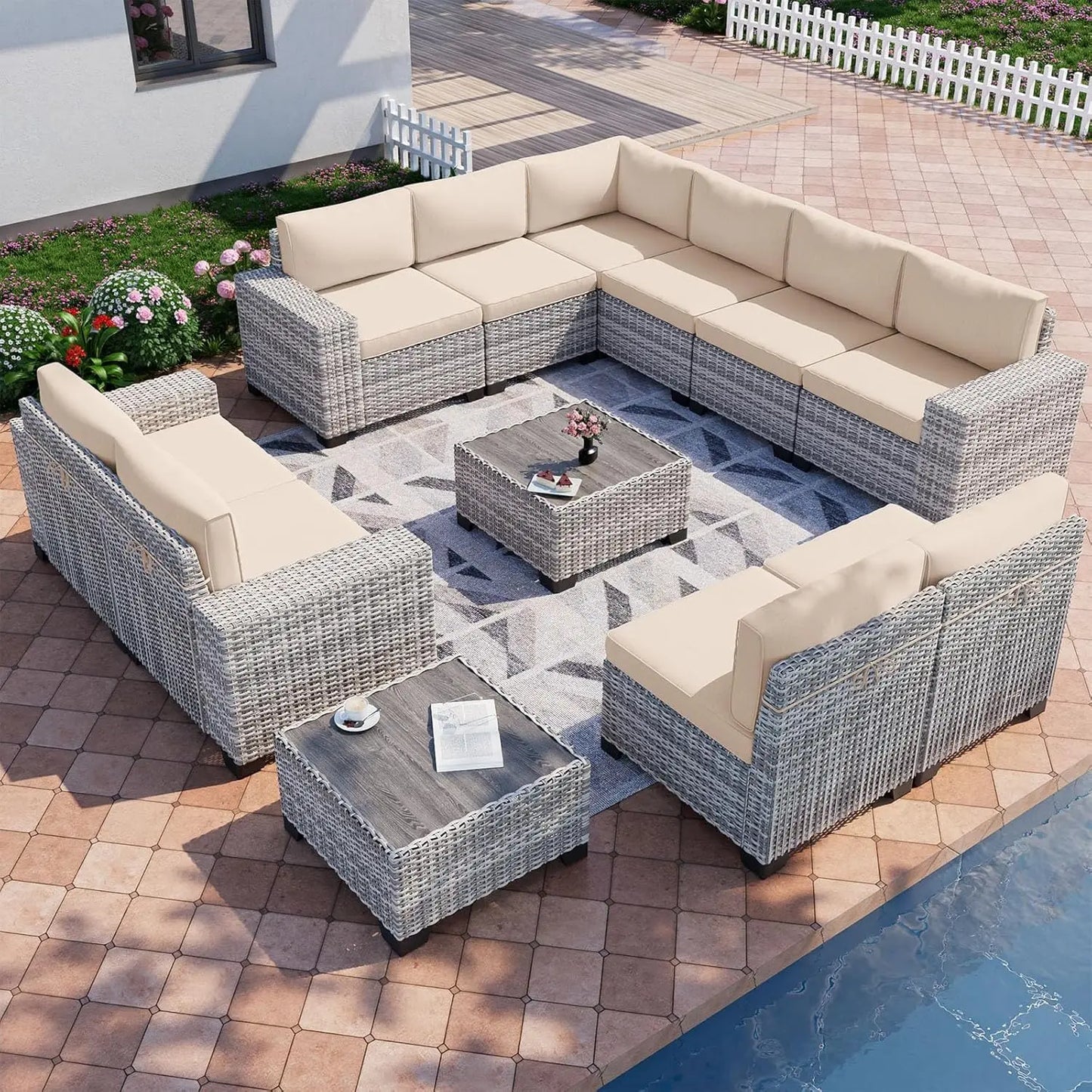 12-Piece Outdoor Patio Furniture Set Wicker Sectional Sofa Set, Patio Conversation Set with Thickened Cushions & Side Table