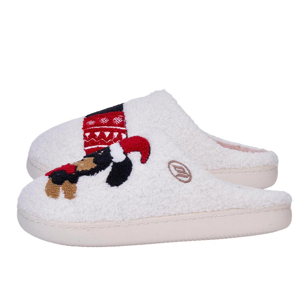 Xmas Dachshund Plush Slippers Flat Thermal Slippers Comfortable Fluffy Home Slippers Anti Slip Soft Furry Slipper for Men Women