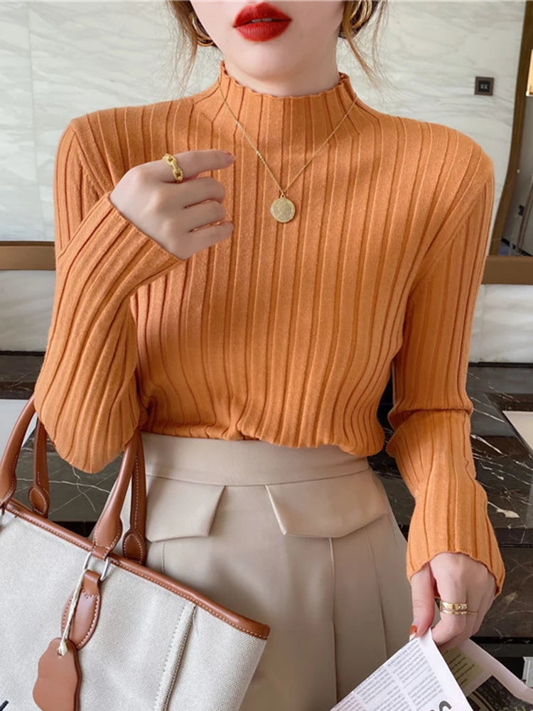 Autumn Winter Knitted Ribbed Turtleneck Sweater Women Clothes 2025 Long Sleeve Slim Basic Pullover Woman Sweaters Solid Tops
