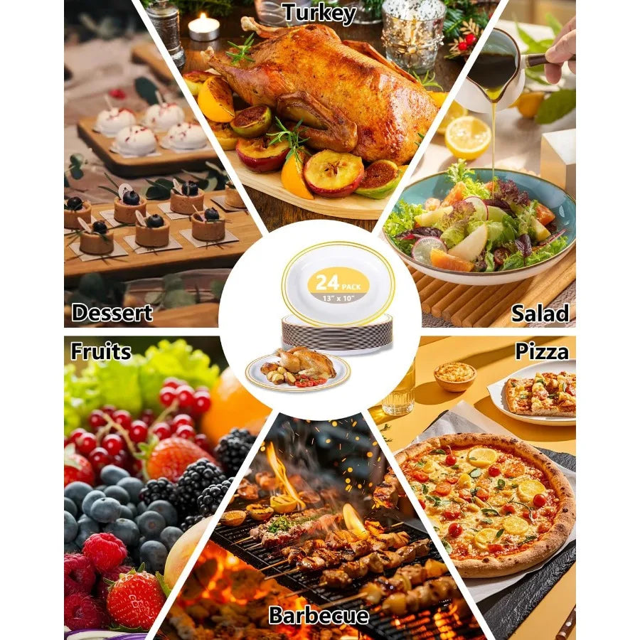 YOUBET 24PCS Oval Plastic Plates 13 inch Super Strong White and Gold Disposable Platters Heavy Duty Serving Trays for BBQ Picni