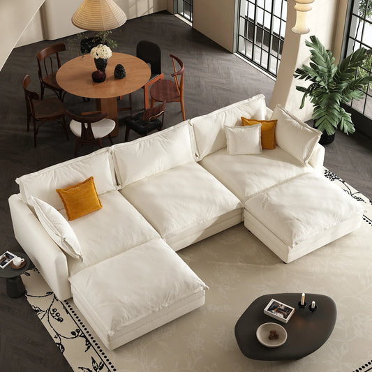 111.5" L Shaped Modern Sofa Modular Sectional Cloud Couch with Ottoman, 4-Seat Chenille Deep Seat Sofa with Pillow for Living Ro