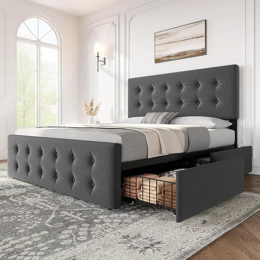 Full Size Bed Frame with 4 Storage Drawers & Adjustable Headboard, Upholstered Mattress Foundation, No Box Spring Needed
