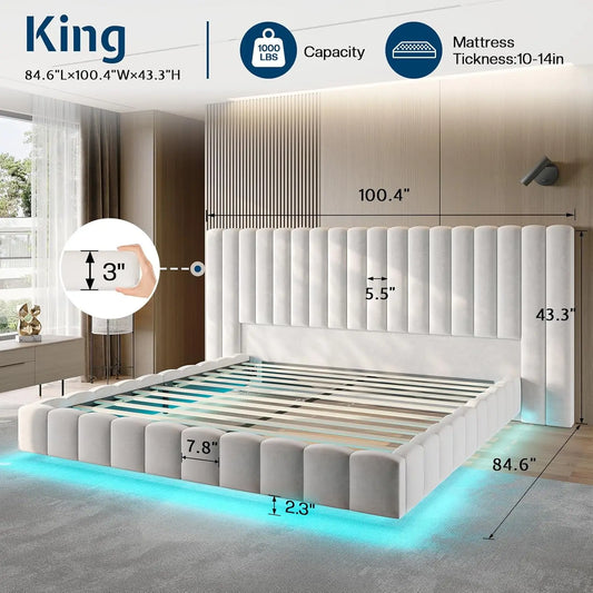 King Bed Frame with LED Lights and Upholstered Oversized Headboard, Modern Velvet Platform with Floating Design, No, Customized