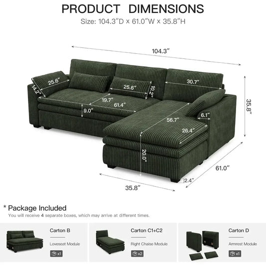 Large Modular Sectional Sofa with Deep Chaise, 104" Corduroy L Shaped Couch with 9" Soft Dual-Layer Seats Cushion Customized