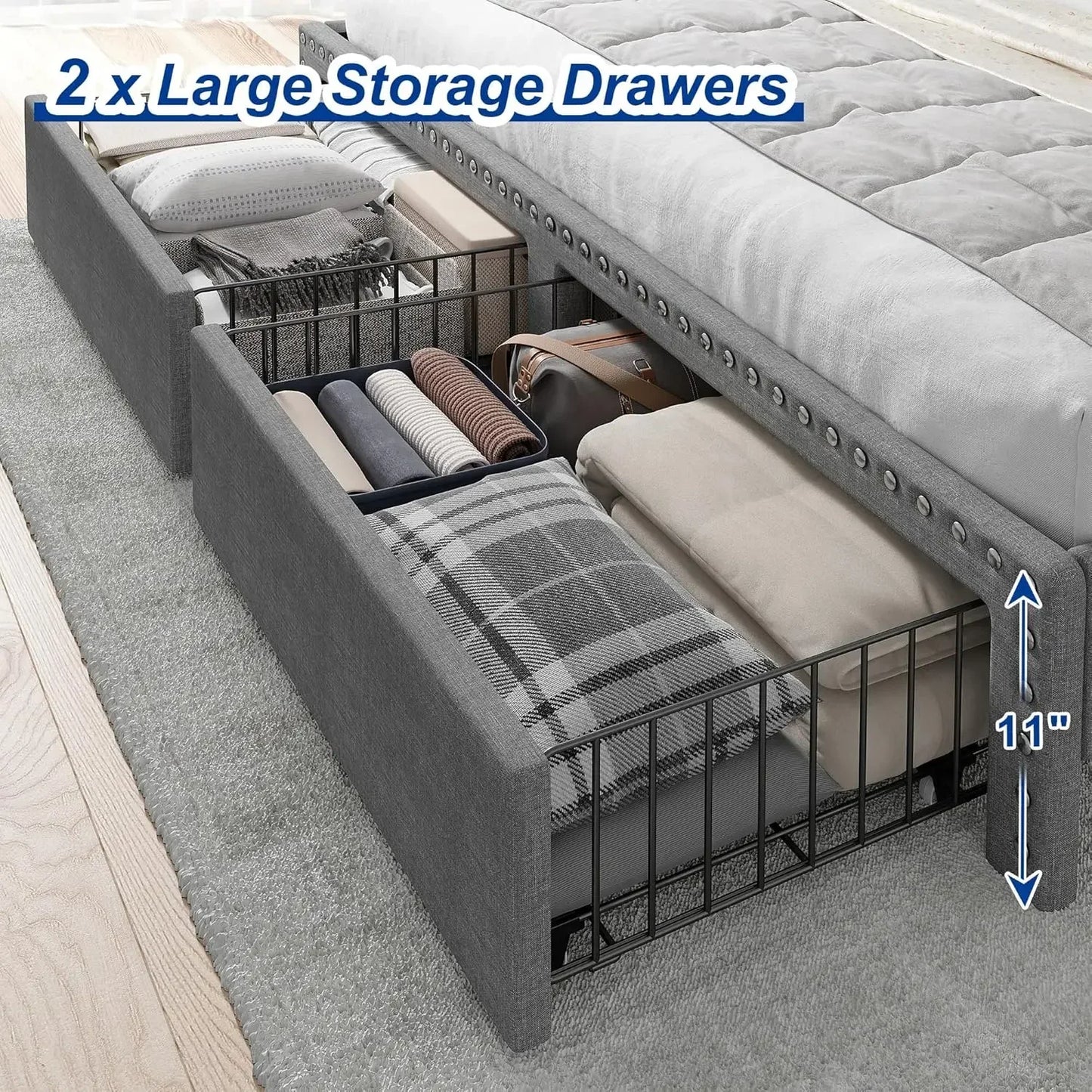 King Size Bed Frame, Upholstered King Bed Frame with 2 Storage Drawers and 2-Tier Headboard, Vertical Tufted Headboard Design