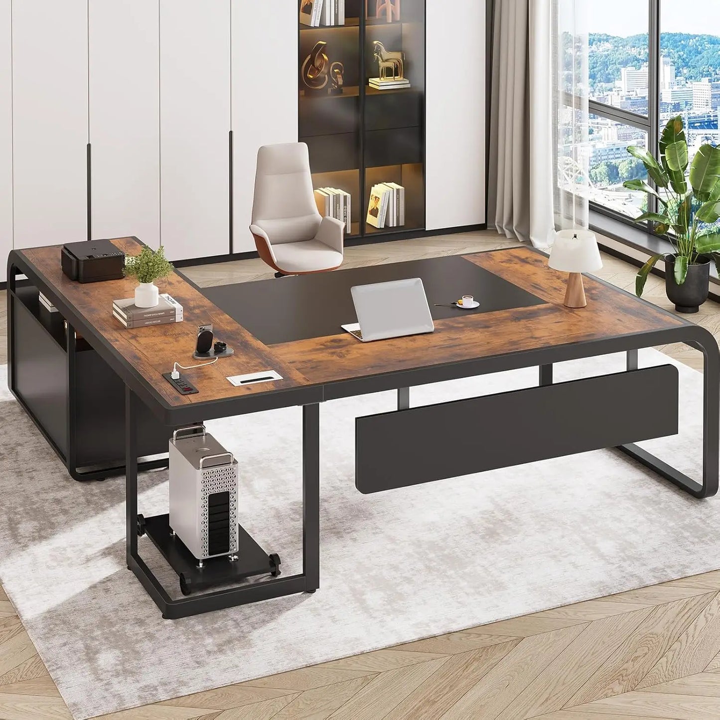 Executive Desk,Office Desk with File Drawer,Desk with Drawers,Computer Desk with Mobile CPU Stand,Storage Shelves,Customized