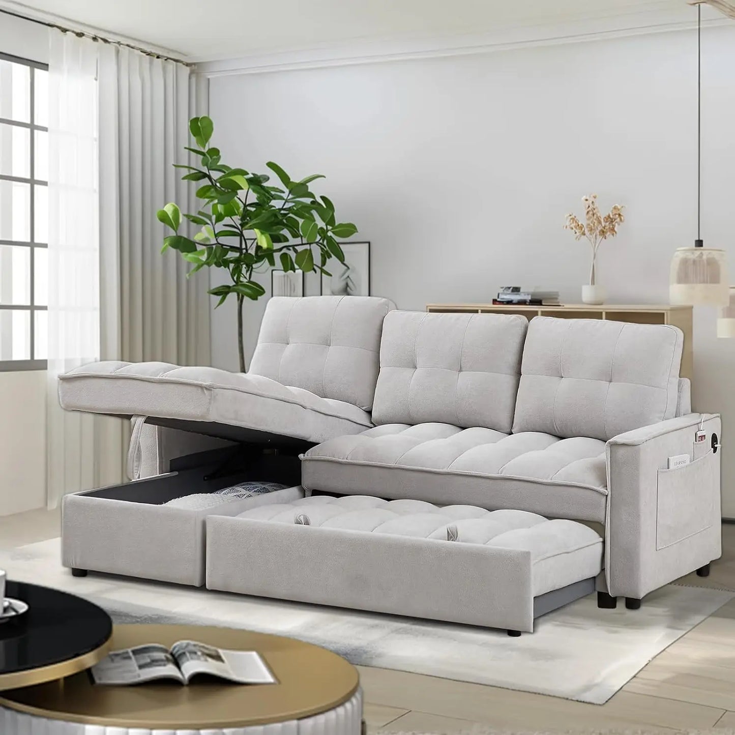 78.75" Sleeper Sofa Couch,Modern L-Shaped Couches, Pull Out Couch with USB Ports&Side Pocket,Sleeper Sectional Sofa for Living