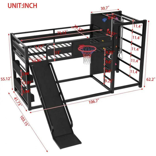 Twin Loft Bed with Slide, Basketball Hoop, Climbing Wall, and Shelves - Black Metal Gaming Bed