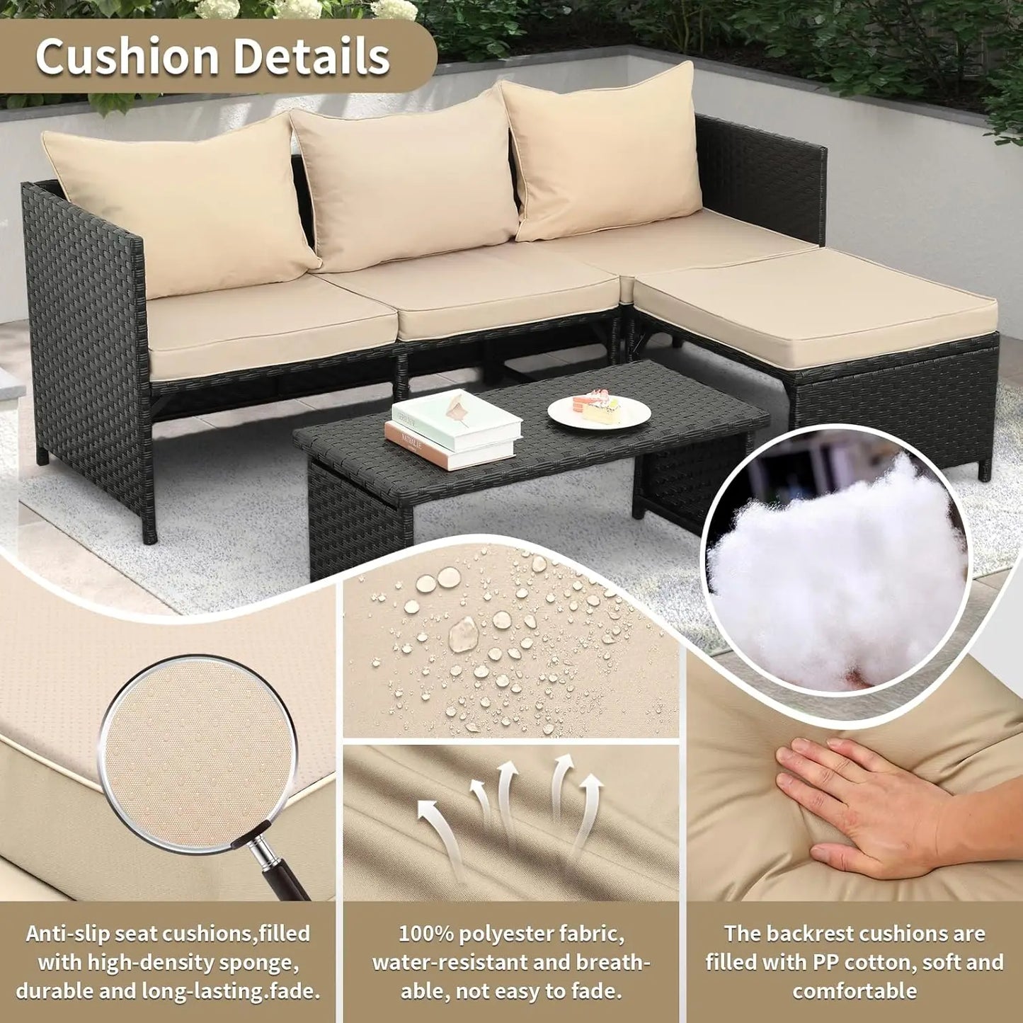 3-Piece Outdoor PE Rattan Furniture Set Patio Black Wicker Conversation Loveseat Sofa Sectional Couch Khaki Cushion