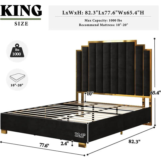 Modern Velvet King Bed Frame with 65.4 High Gold Trim Headboard, No Box Spring RequiredCustomized
