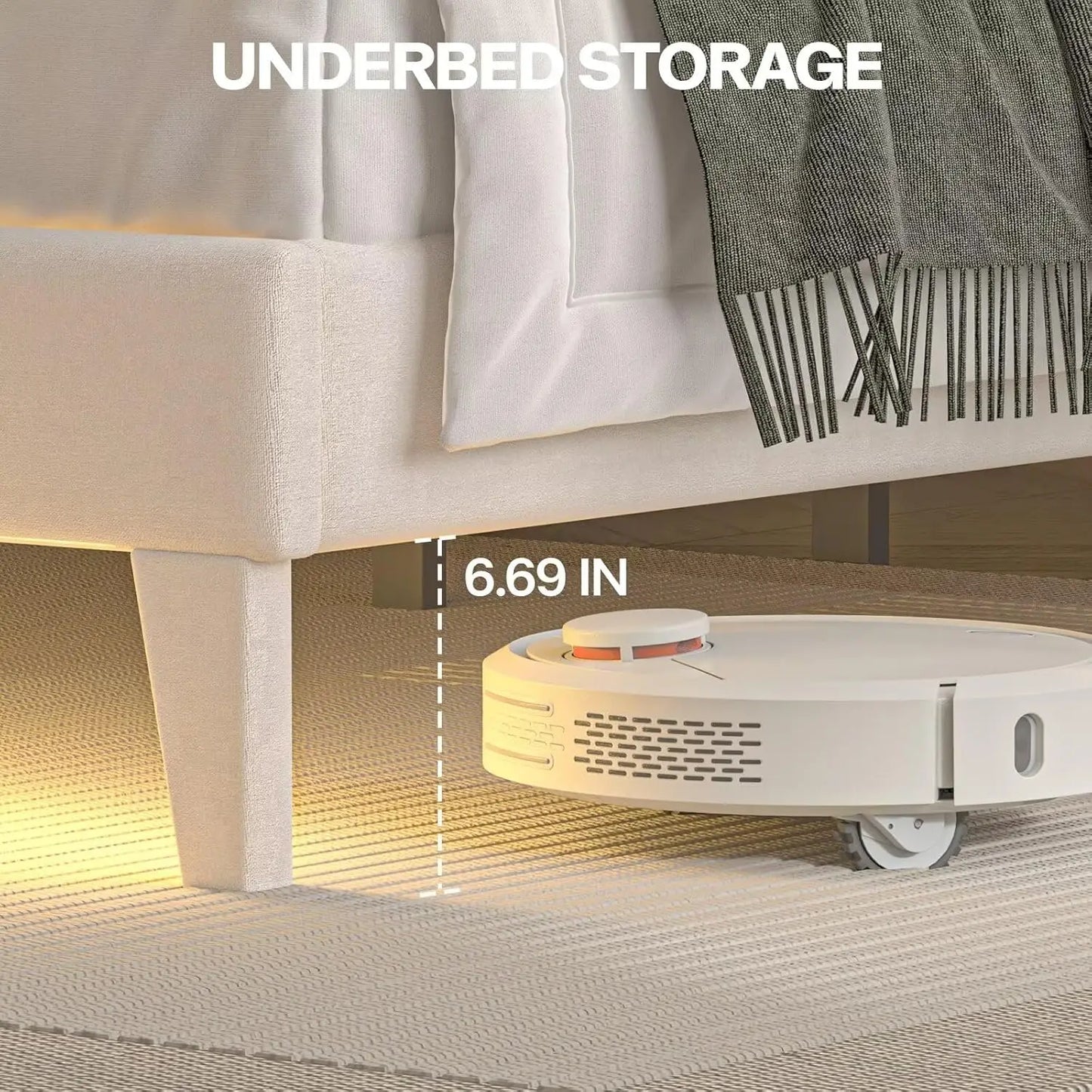 Full Size LED Bed Frame with Velvet Upholstery, Tufted Headboard, Wooden Slats, and Under-Bed Storage in Beige