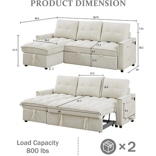 78.75" Sleeper Sofa Couch,Modern L-Shaped Couches, Pull Out Couch with USB Ports&Side Pocket,Sleeper Sectional Sofa for Living