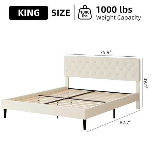 Bed Frame with Headboard, Linen Fabric Upholstered Platform Bed Frame, Button Tufted Bed Frame , Customized