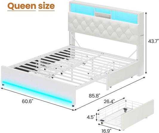 Modern Velvet Platform Bed with LED Lights, Storage Drawers, and Charging Station in Creamy White