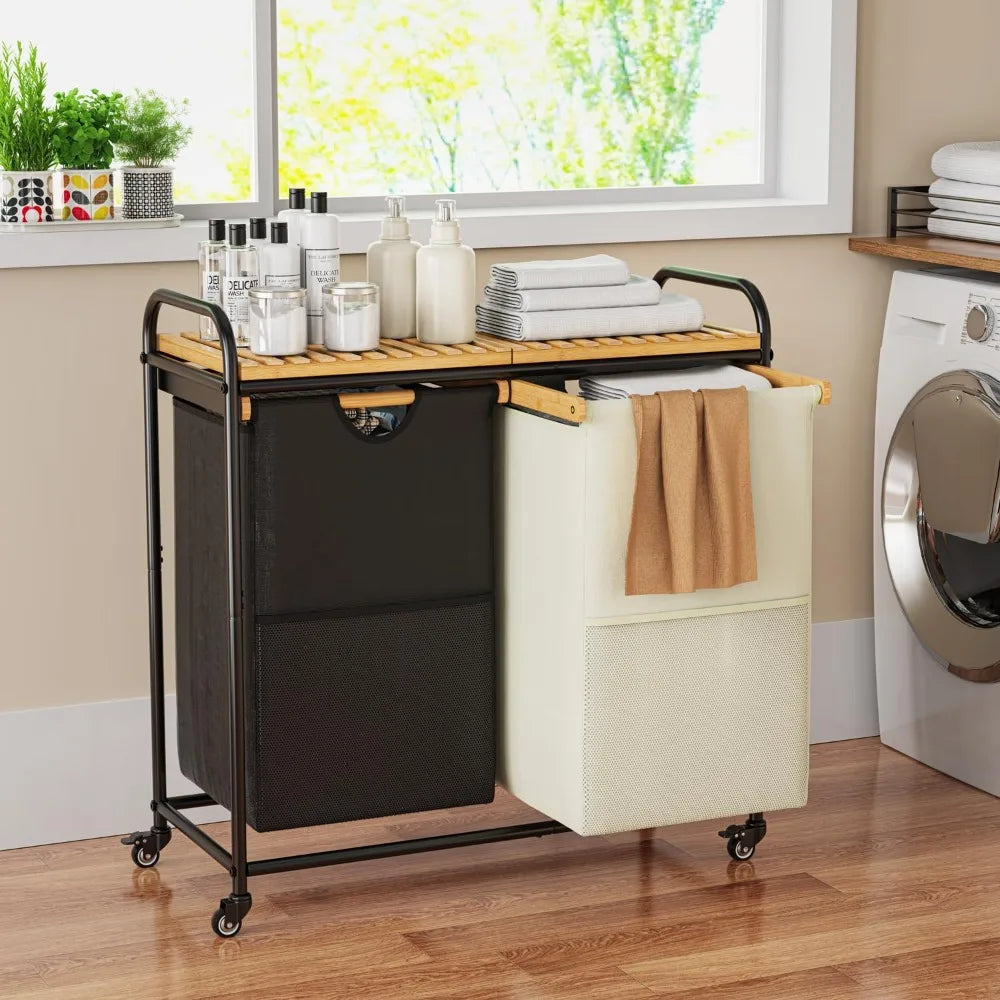 Dual-Section Laundry Sorter with Removable Shelf and Pull-Out Bags, Rolling Clothes Hampers on Wheels Basket