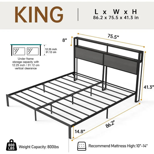 King Size Bed Frame with Headboard, Metal Platform Bed Frame with LED Lights & Charging Station, Under Bed Storage, Solid and St