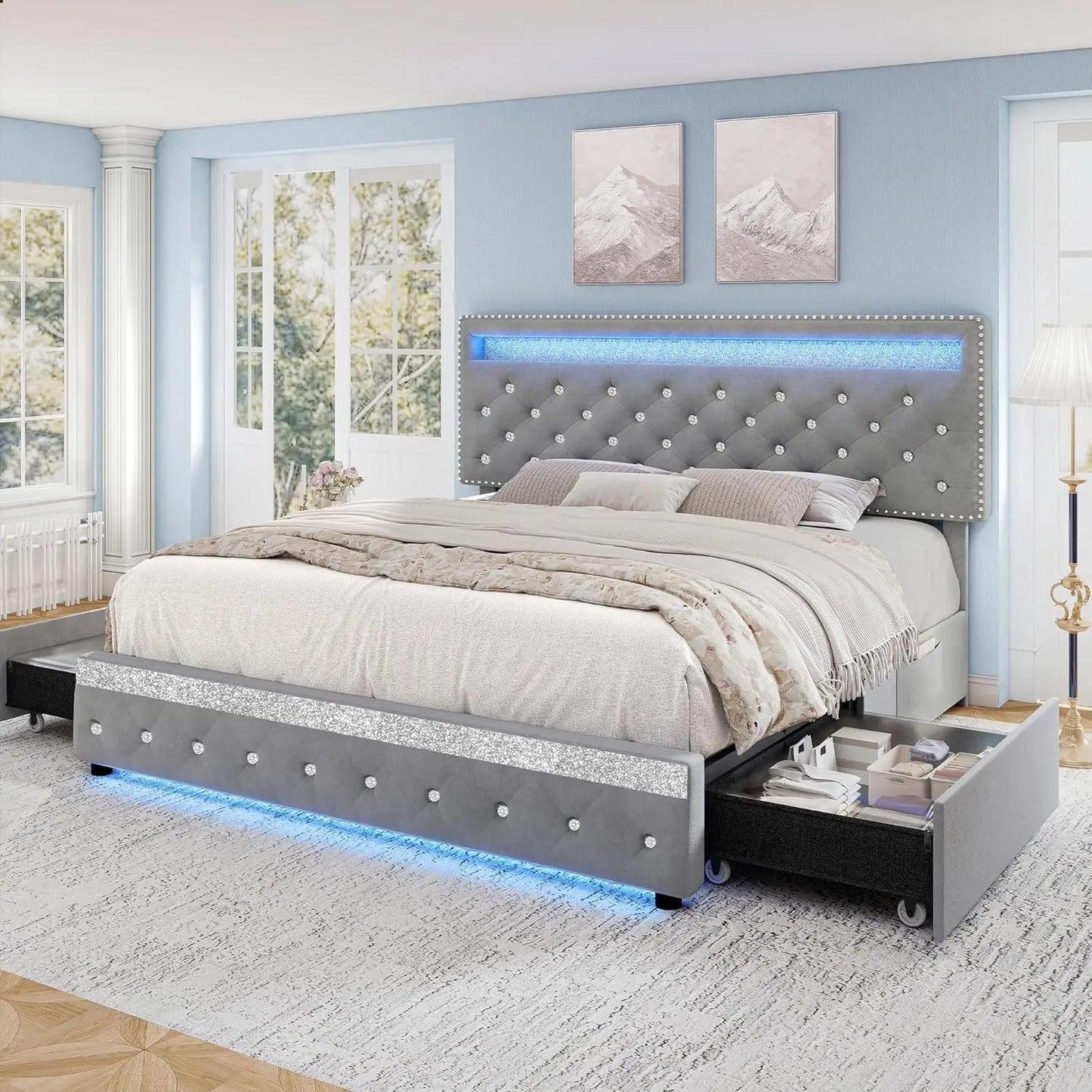 Queen LED Bed Frame With 2 Drawers, PU Upholstered Platform Beds With Adjustable Storage Headboard, Crystal Button