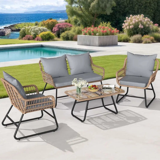 4Piece Patio Furniture Set, Wicker Outdoor Furniture Set with Cushions, Outdoor Table and Chairs for Balcony, Backyard, Deck, A