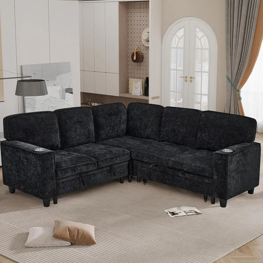 81" Modular Sectional Sofa, Pull Out Couch L Shaped 5-Seater Sectional with Hidden Storage, Cup Holders & USB, Customized